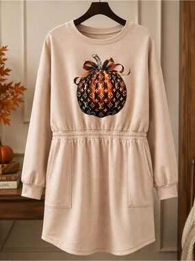 Plus Size Long Sleeve Pumpkin Sweatshirt Dress